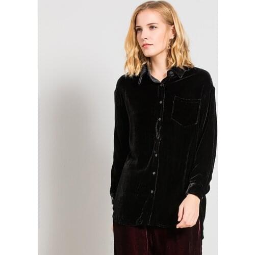 Pure Silk Velour Plus Size Shirt 100% Mulberry Silk Long-sleeve Top Women Vintage Loose Blouses M L XL FREE SHIPPING