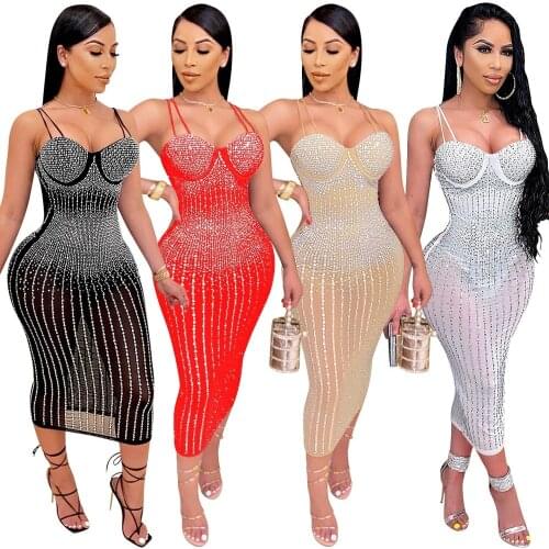 Sexy Sling Mesh Party Dress with Rhinestones All over Women Clubwear Spaghetti Strap Long Dresses 2021 Evening Elegant Clothes