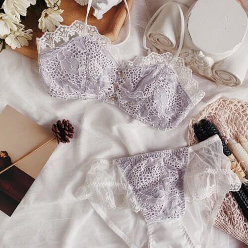 Sexy bra set, womens underwear, lace, girl, no steel ring lingerie panty thin cup comfortable and sweet seamless bralette set