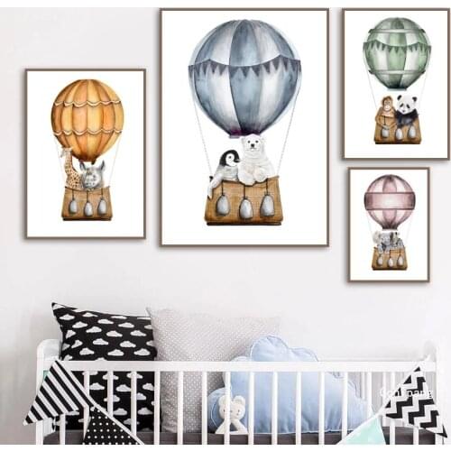 Hot Air Balloon Giraffe Elephant Zebra Nursery Wall Art Canvas Painting Monkey Posters and Prints Decor Pictures Baby Kids Room