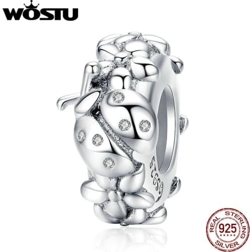 WOSTU 925 Sterling Silver Ladybug Flower Silicone Stopper Beads Spacer Charm Fit Original Bracelet Pendant Fine Jewelry BNC112