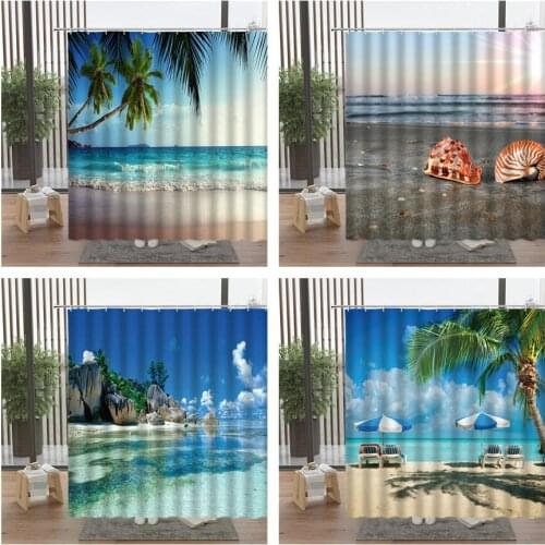 Sunlight Ocean Beach Fabric Shower Curtain Bathroom Accessories Set Shell Sailboat Coconut Tree Waterproof With Hook Home Decor