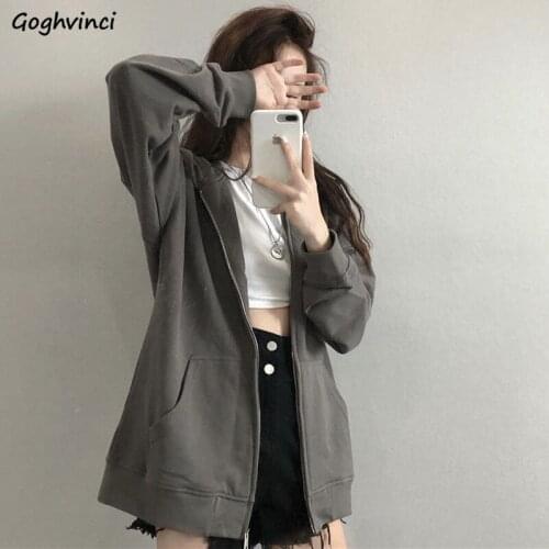 With Hat Hoodies Women Zip-up Solid Simple Oversize Harajuku Chic Fall Outwear Womens Hoodie Daily Casual Streetwear All-match