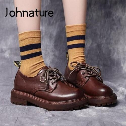 Johnature Pumps Women Shoes Winter Retro Genuine Leather 2021 New Lace-Up Round Toe Leisure Handmade Concise Ladies Shoes