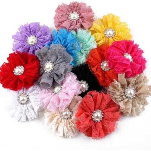 10pcs/lot 7cm 15colors Hair Clips Mesh Lace Flower+Metal Pearl Button For Hair Accessories Shabby Fabric Flowers For Headbands