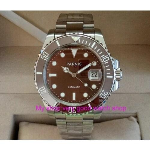 40mm PARNIS Sapphire Crystal Automatic machinery movement mens watch coffee color rotateing Ceramic bezel 306