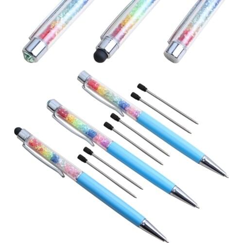 9PCS/Lot Creative Crystal Pen Diamond Ballpoint Pens Stationery Ballpen Stylus Pen Touch Pen 11 Colors Oily Black Refill 0.7 mm