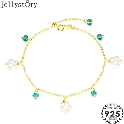 Jellystory 925 Sterling Silver Bracelet for Women with Natural Pearl Green Emerald Gemstones Bracelets for Party Gift Gold Color