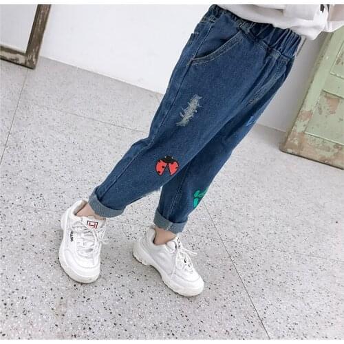Girls Jeans Casual Cartoon Letter Ladybug Denim Pants Fashion Spring Autumn Trousers 2019 Toddler Kids Jeans Loose Pants New