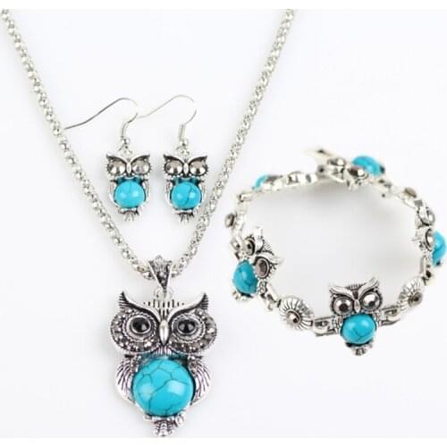 FYJS Unique Silver Plated Wisdom Owl Shape 3 Colors Turquoises Stone Necklace Drop Earrings Bracelet Animal Jewelry Sets