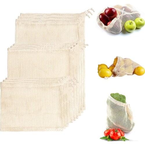 Cotton Mesh Vegetable Bags Produce Bag Reusable Cotton Mesh Vegetable Storage Bag Kitchen Fruit Vegetable with Drawstring