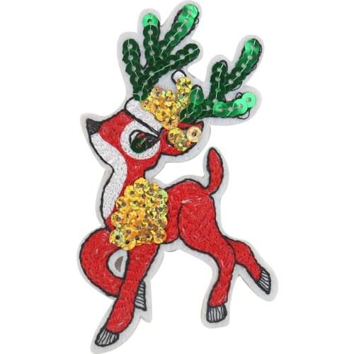 2PCS Cute Deer Sequin Patches Elk Animal Embroidery Applique Iron on Clothes Stickers DIY Jeans Sewing Supplies Christmas Decor