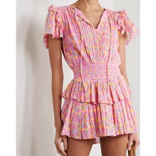 Sweet Elegant Ruffles Pink Floral Printed Dresses for Women 2021 Summer Vacation Bohemian Draped Mini Beach Dress Female