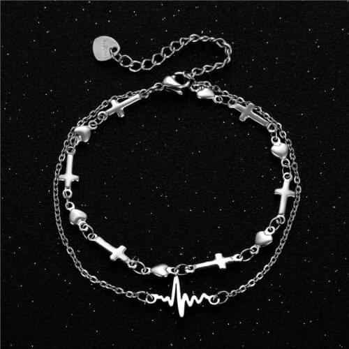 Layered Link Chain Stainless Steel Bracelet for Women Cross Love Heartbeat Wave Charm Bracelet Womens Wristband Hand Jewelry