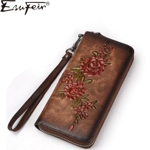 2018 ESUFEIR Genuine Leather Embossed Ladies Wallet Luxury Brand Rretro Long Multi-card Wallet Designer Purse Daily Clutch Bag