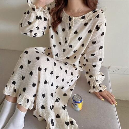 Autumn New Sleepwear Peter Pan Collar Cute Nightgown Women 100% Cotton Long Dress Home Clothes Heart Print Nightdress Loose