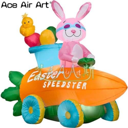 Easter combination decoration replica model,white lighting pink color inflatable bunny with inflatable carrot car and eggs
