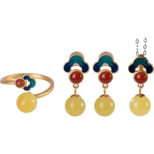 S925 sterling silver gold-plated amber beeswax stud earrings cloisonne auspicious cloud Ruyi ring earring pendant