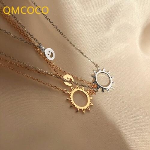 QMCOCO 925 Silver Sun And Smile Pendent Necklace For Charm Women Birthday Party Fashion Jewelry Trendy Neck Decorations