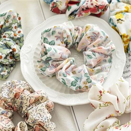 Sweet Floral Hair Scrunchies for Women Girls Handmade Hair Rope Ties Flower Print Hair Accessories Rubber Band Holiday Headwear