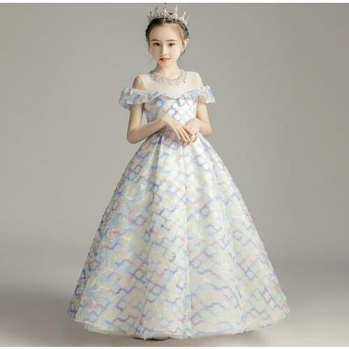 Luxury Flower Girls Dresses Princess Appliques Lace Crystal Ball Gown Tiered Off The Shoulder O-Neck Tulle Kids Party Dress D203