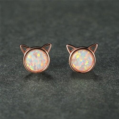 White Fire Opal Round Stone Earrings Classic Female Small Cat Stud Earrings Vintage Rose Gold Wedding Earrings For Women Jewelry