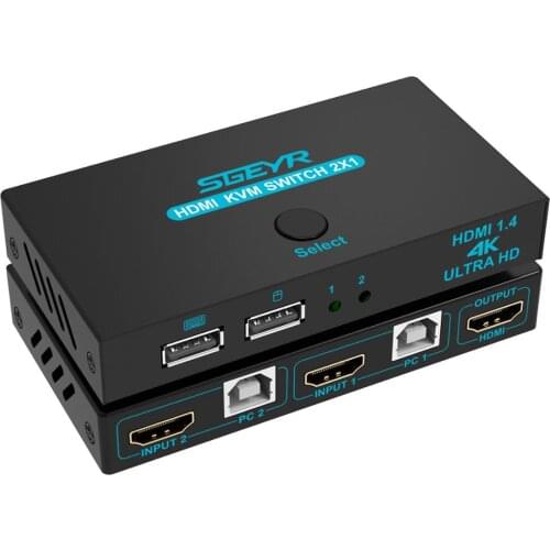 SGEYR HDMI KVM Switch 2 Port Share 2 Computers with One Monitor 2x1 USB KVM Hotkey Metal Switch with HDMI Cable and USB Cable,Su