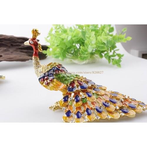 Nature Keepsake Box, Trinket Box, Painted, Blue, Yellow and Green Peacock Trinket Box Peacock Jeweled Enamel Metal Display Box