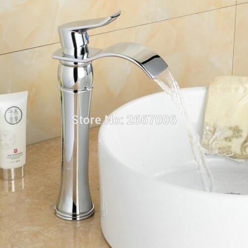 Free shipping Tall Deck Mounted Wide Spout Tap Waterfall Bathroom Sink Faucet Single Handle Basin Mixer Tap Chrome Finish ZR618