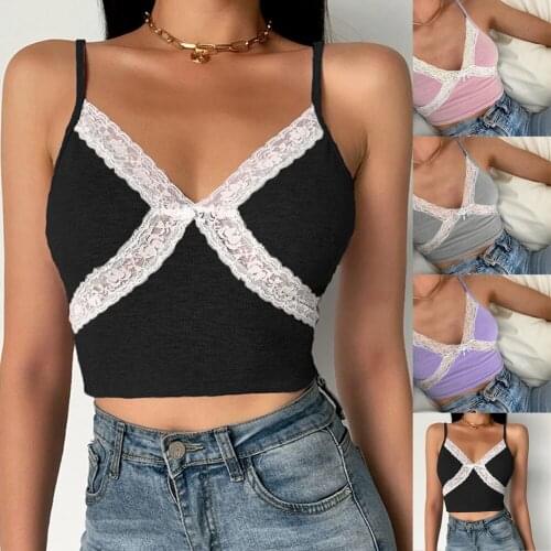 YiYiMiYu Lace Sexy Crop Tops Tees Women Aesthetic Y2K Sleeveless Cami Top Summer Blue V Neck Spaghetti Strap Top Party Club