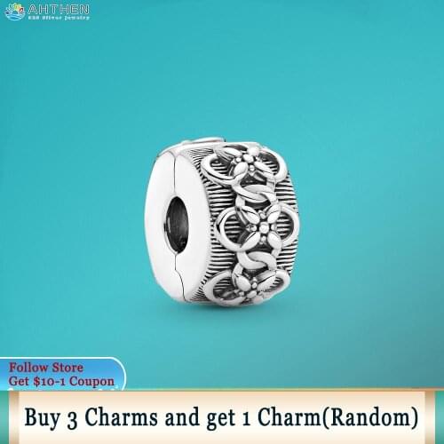 Ahthen 925 Sterling Silver Flower Pattern Clip Charm fit Original Pandora Bracelets for Women Jewelry Making Girl DIY Jewelry
