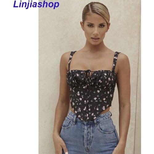 New Floral Print Tank Top Corset Women Camis Sexy Backless Boned Lace Up Crop Top Party Casual Wear Prairie Chic Summer Top