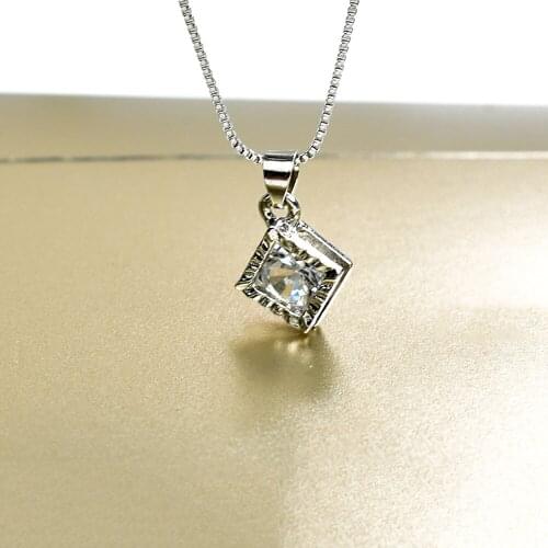 Simple Square Pendant Necklace For Women Geometric Crystal Necklaces Silver Color Box Chain Female Party Jewellery