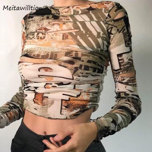 2020 Autumn Women Stacked Tee Shirt Casual O-Neck Long Sleeve Basic Crop Tops Vintage Print Slim Office T-Shirts