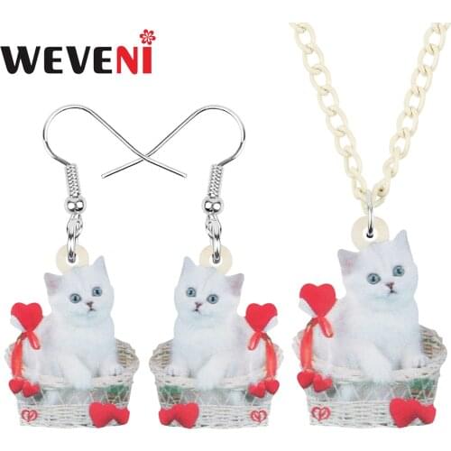 WEVENI Acrylic Valentine‘s Day Burmilla Cat Jewelry Sets Printing Cute Animal Pets Earrings Necklace For Women Kids Girls Gifts
