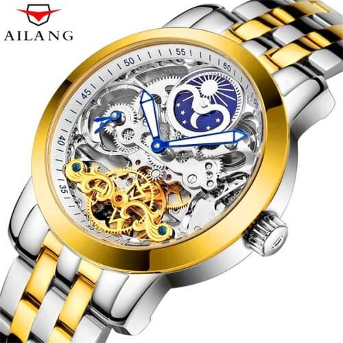 AILANG Mechanical Mens Watch Automatic Hollow Silver Dial Gold Tourbillon Waterproof Business Mens Top Brand Luxury Watch 6821