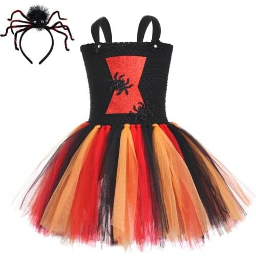 Kids Widow Spider Dresses for Girls Halloween Costume Girl Tutu Dress with Headband Princess Cosplay Costumes Birthday Gift 1-14