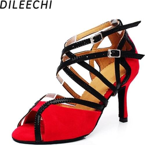 DILEECHI Red Blue velvet Womens Latin dance shoes Adult female High-heeled 8.5cm soft outsole Ballroom dancing dance