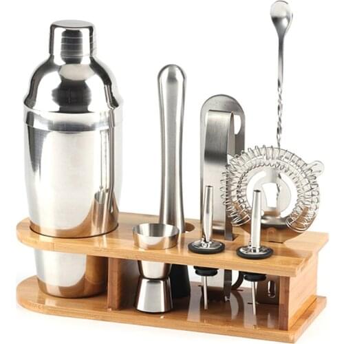 10pcs Stainless Steel Cocktail Shaker Mixer Wine Martini Shaker Set with Wooden Rack for Bartender Drink Party Bar Tools