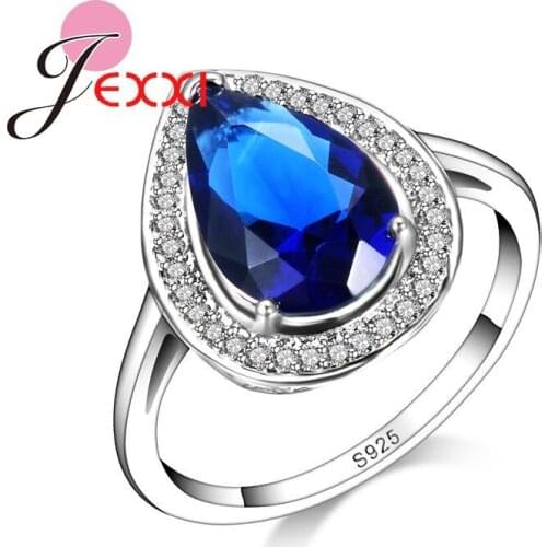 Luxurious and Generous Water Drop Shape Ocean Blue Crystal Stone Ring Shopping Match Outfit Jewelry 925 Sterling Silver