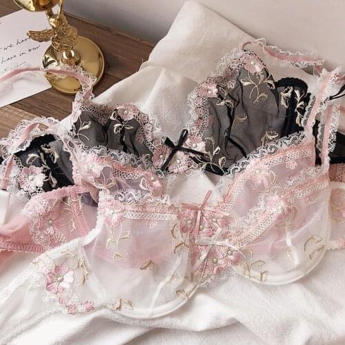Honviey Women Bra Set Push Up Triangle Cup Lingerie Underwear Set semi-Transparent Lenceria Femenina Strap Women Sexy Bra Set