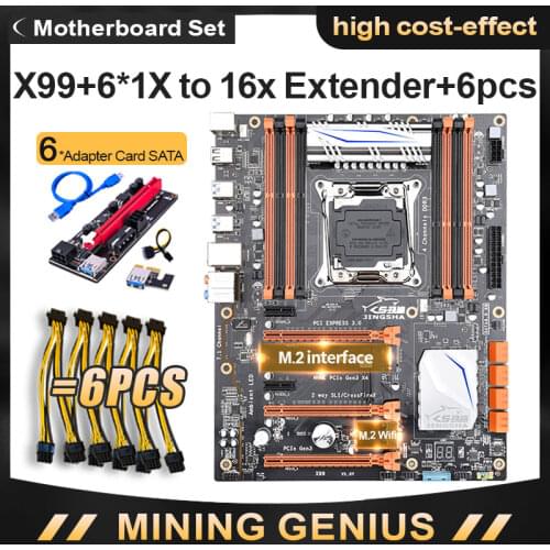 JINGSHA X99 motherboard Fourchannels with Bitcoin Ethereum Mining Set Kit Combo with 6* 1X to 16x Extender and 6*Power Cable