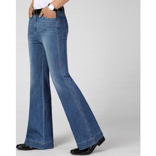 Color: Dark blue Light blue Mens Denim Mid-waist Big flare Stretch trousers Mens Slim Fashion Casual trousers Size 26-33