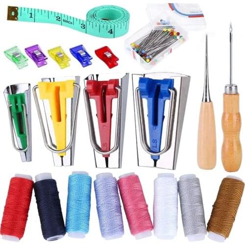 LMDZ Bias Tape Tool Kit with Instruction, 4 Sizes Bias Tape Maker, Bias Folder with 8 Color Sewing Thread, Sewing Clips