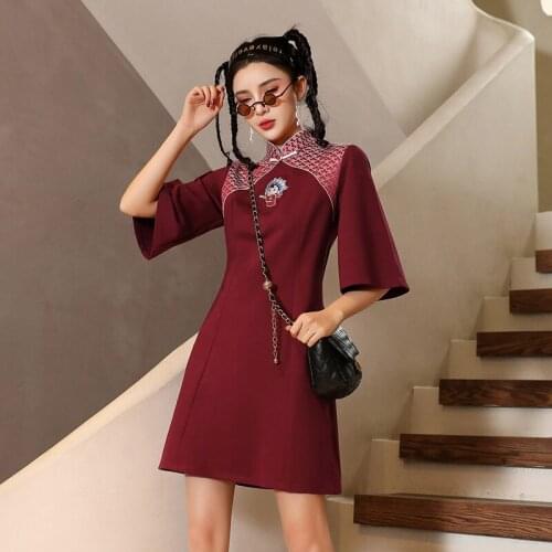 Summer New Retro Womens Chinese Style Modified Red Cheongsam Tang Chinese Style Jacket National Tide Dress