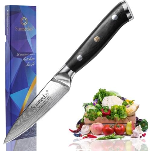 SUNNECKO 3.5" Fruit Paring Slicing Knife Damascus Cooking Cut 73 Layers Japanese VG10 Steel Sharp Kitchen Knives G10 Handle