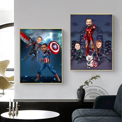 Marvel Custom Father and Kids Portrait 3 Characters Personalized Superhero Dad and Daughter Cartoon, The Avengers Portrait Gift