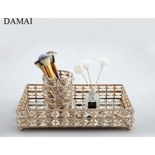 Creativity Inlaid Crystal Trays Decorative Nordic Modern Rectangle Gilded Metal Cosmetic Jewelry Storage Mirror Tray Home Decor
