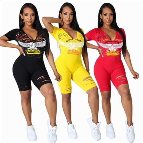 Deep V Collar Sexy Rompers Womens Jumpsuit Short Sleeve Skinny Summer Playsuits Women Cool Girl Short Jumpsuits