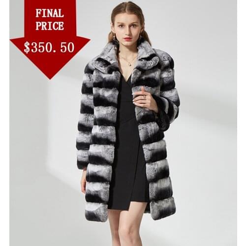 Luxury Chinchilla Color Fur Coat Jacket Women Winter Long Sleeve Stand Collar Thick Rex Rabbit Overcoat